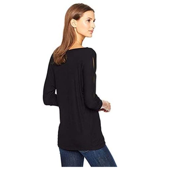 NWT Splendid Women's 2x1 Rib 3/4 Sleeve Split Shoulder Size S Black $80 K118 - Picture 2 of 2